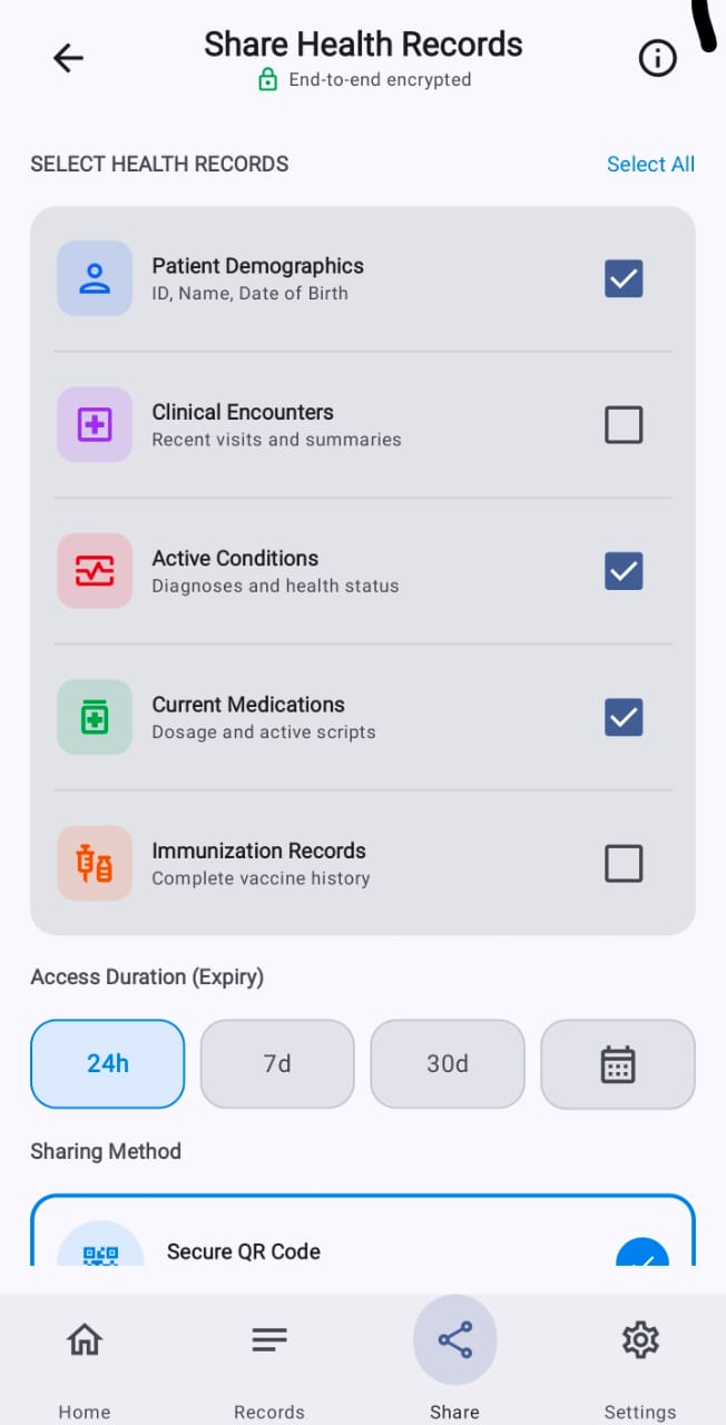 MyHealth Passport screen showing select health records for sharing.